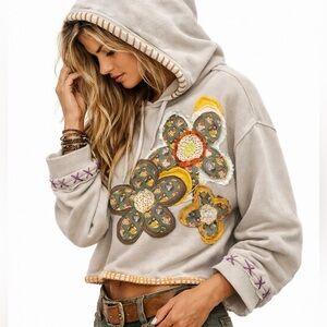 Handmade Boho Cotton Artisan Floral Appliqué Patchwork Hand Stitched Hoodie M